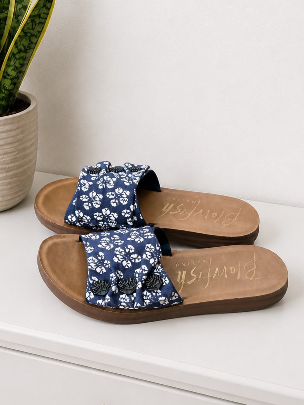 Blowfish Malibu Floral Slide Sandals Women’s US 5.5 Blue White Comfort Slip On